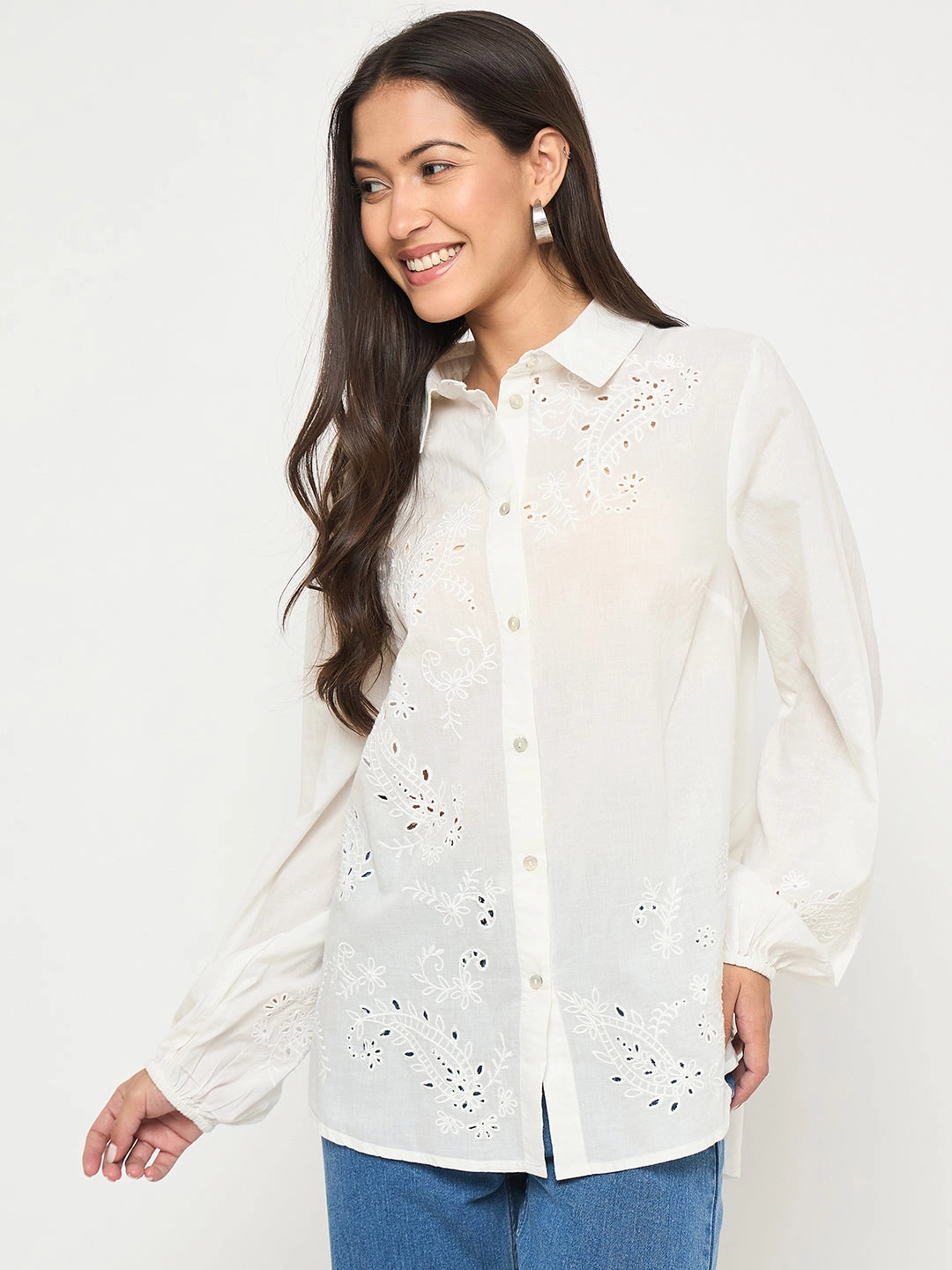 Madame Embroidered and Ruffle Trim Detailed White Cotton Shirt Non Iron