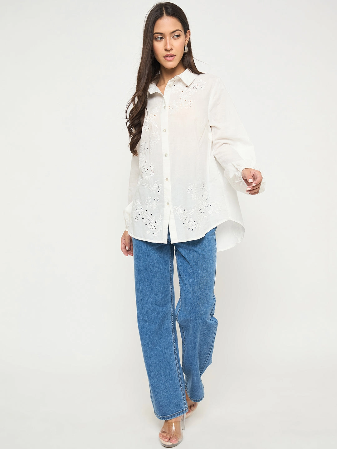 Madame Embroidered and Ruffle Trim Detailed White Cotton Shirt Geometric Print