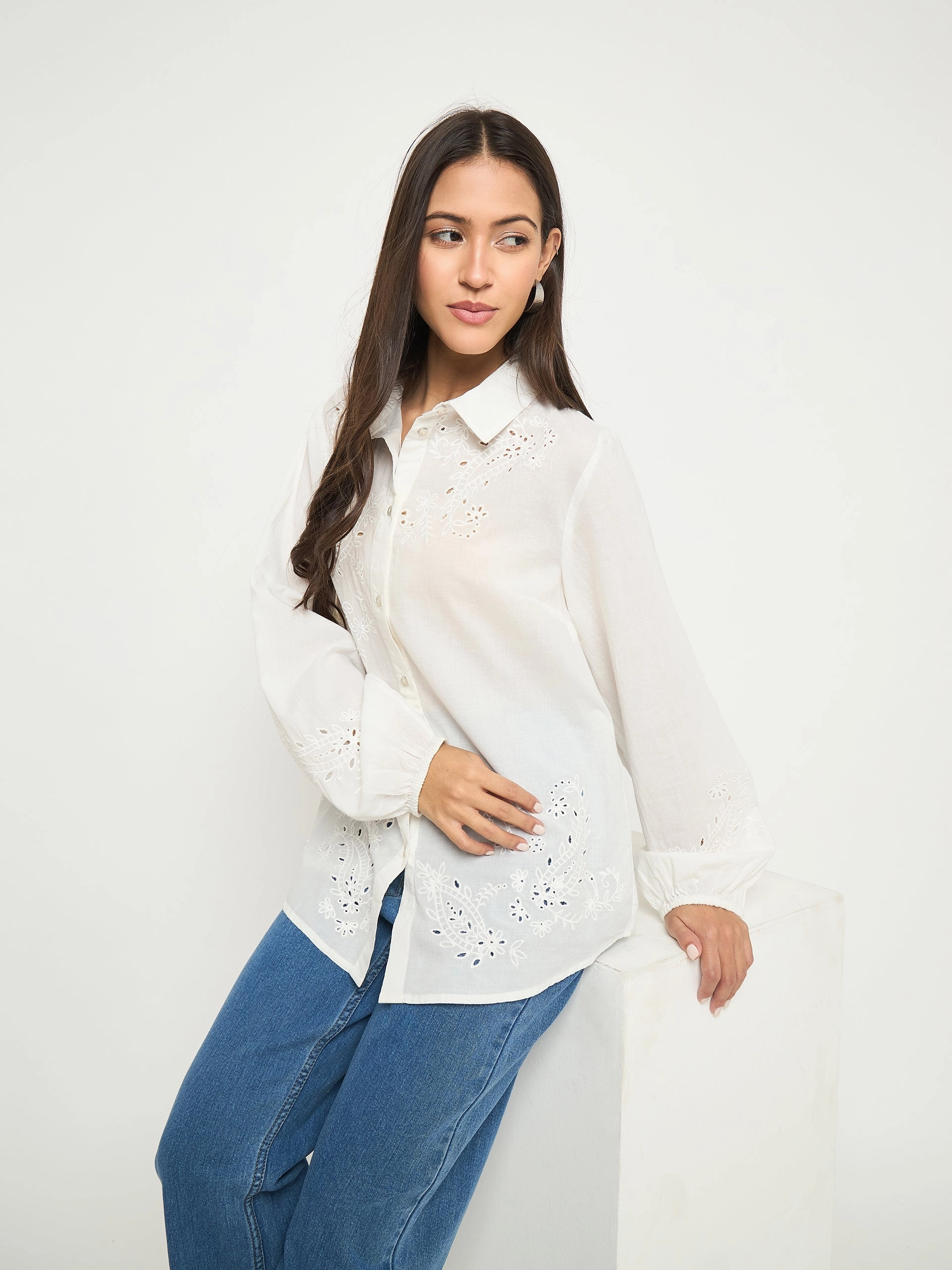 Madame Embroidered and Ruffle Trim Detailed White Cotton Shirt Polo Style