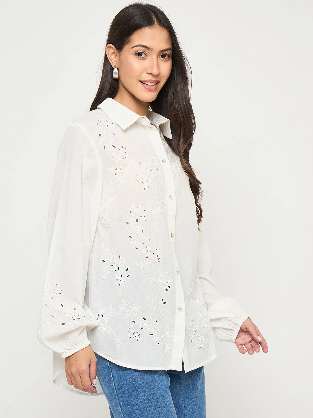 Sports Ready Madame Embroidered and Ruffle Trim Detailed White Cotton Shirt