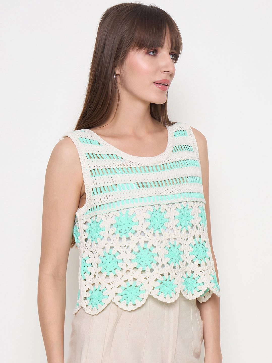 Madame Crochet Sleeveless Solid Green Cotton Top Hidden Storage Pockets