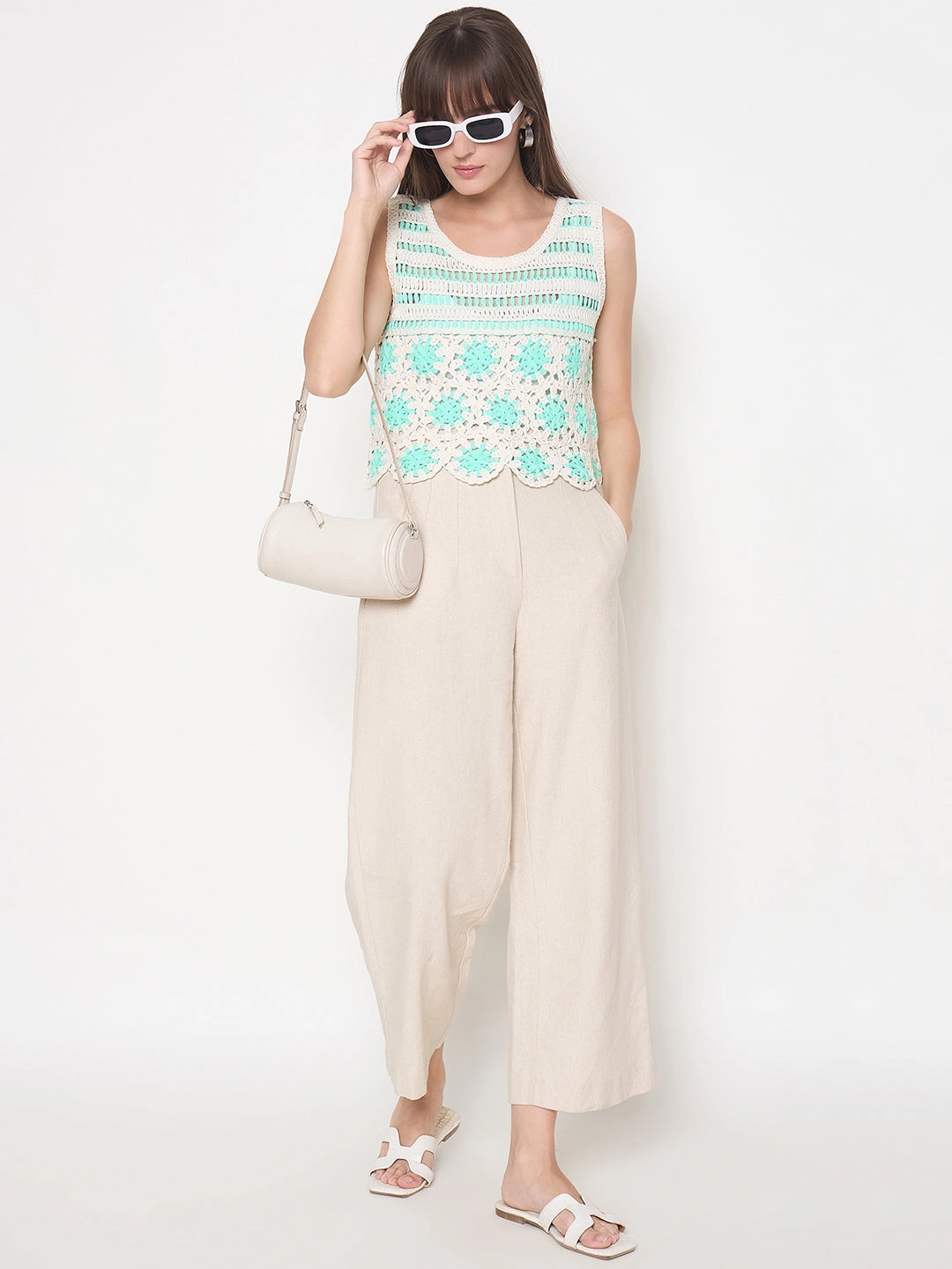 Wrinkle Resistant Textile Madame Crochet Sleeveless Solid Green Cotton Top