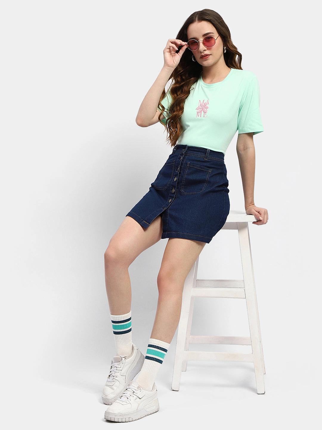 Reinforced Hems Recycled Polyester Blend Madame Embroidered Mint Green Regular T-Shirt