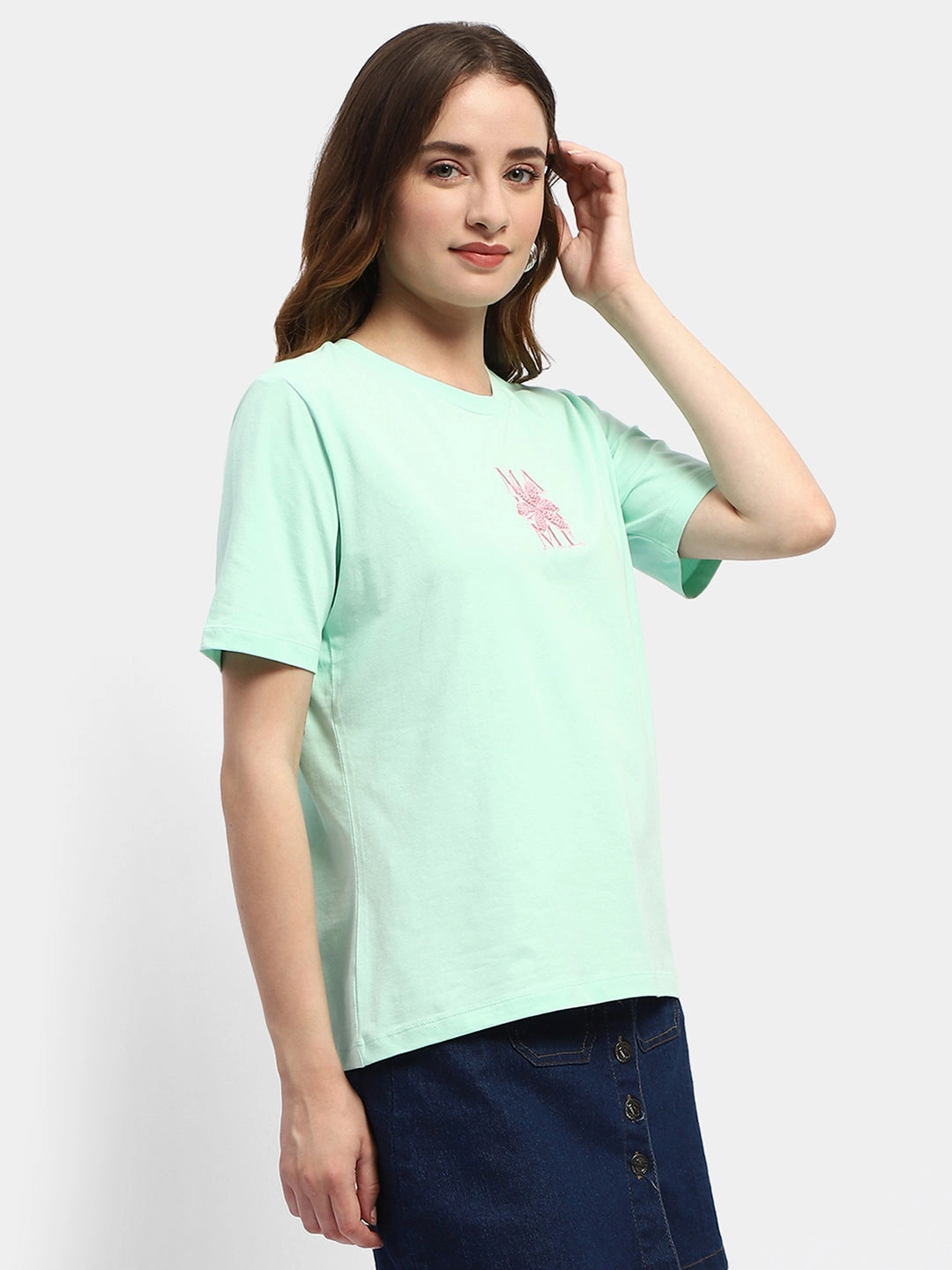 Madame Embroidered Mint Green Regular T-Shirt Neutral Tone Palette Hidden Storage Pocket