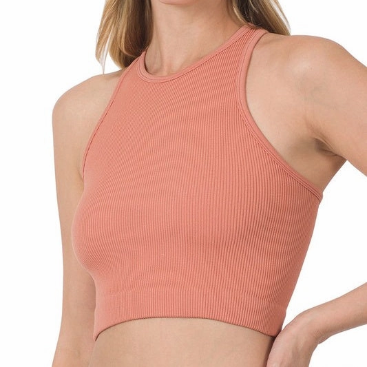 Flexible Ribbed Cuffs Self Fabric Tie Closure Cropped And Ribbed Racerback Top- 4 Colors