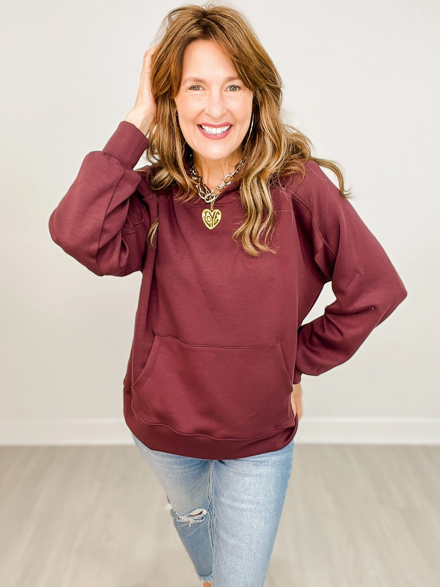 Seaside Modal Hooded Top with Kangaroo Pocket in WINE crew neck men