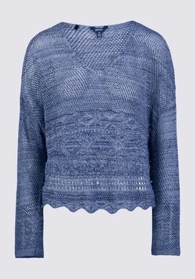 Cornelia Women's Crochet Cropped Sweater, Denim Blue - SW0056S Snuggly Feel Minimalist Look