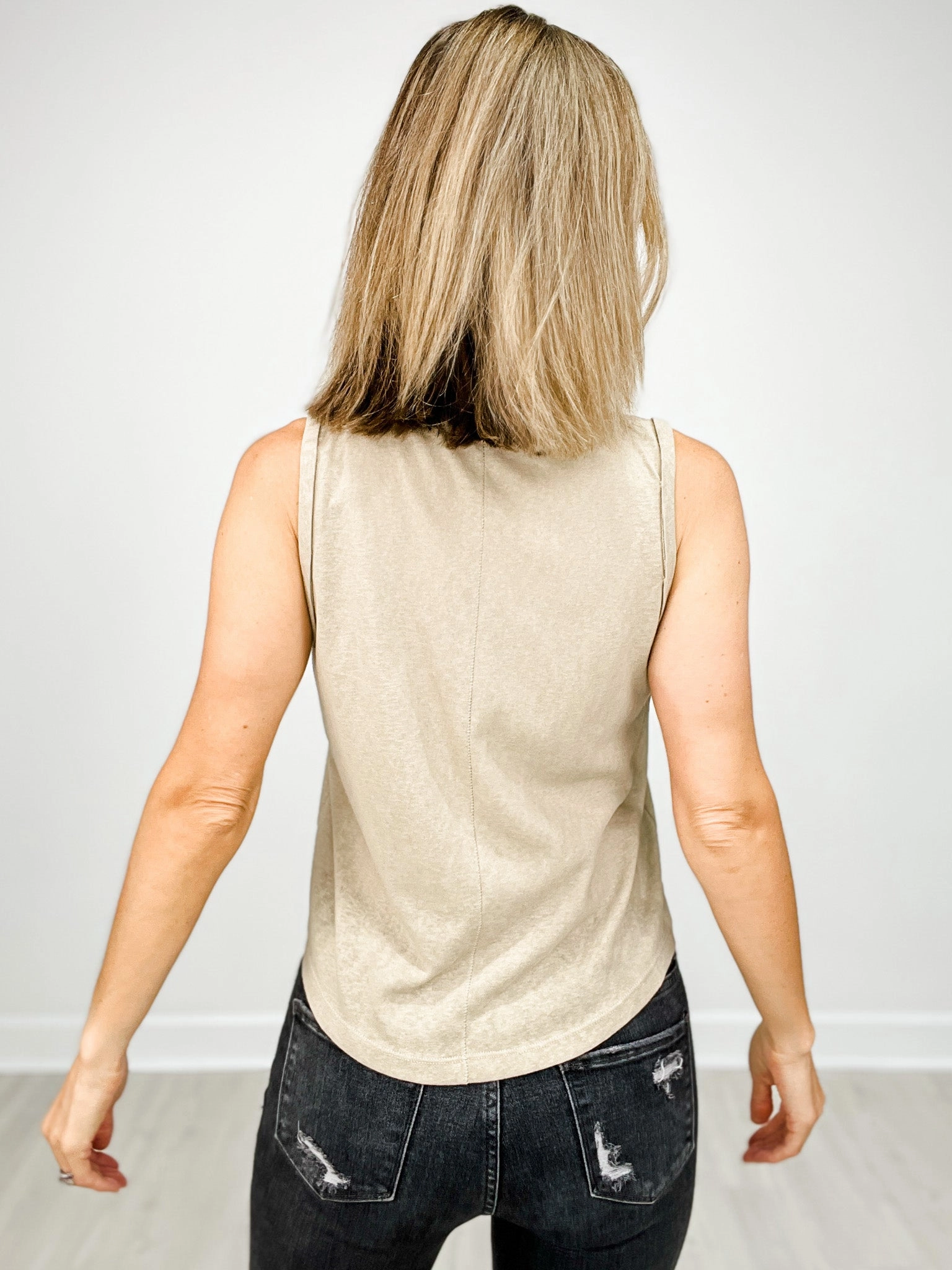 Cotton Rolled-Up Sleeve Tank Top DoubleLayered Neckline