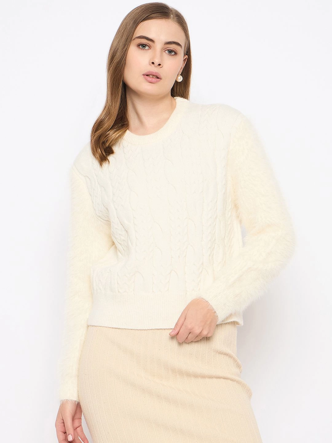 Madame Cable Knit Full Sleeve Off White Sweater Modern Turtleneck Style