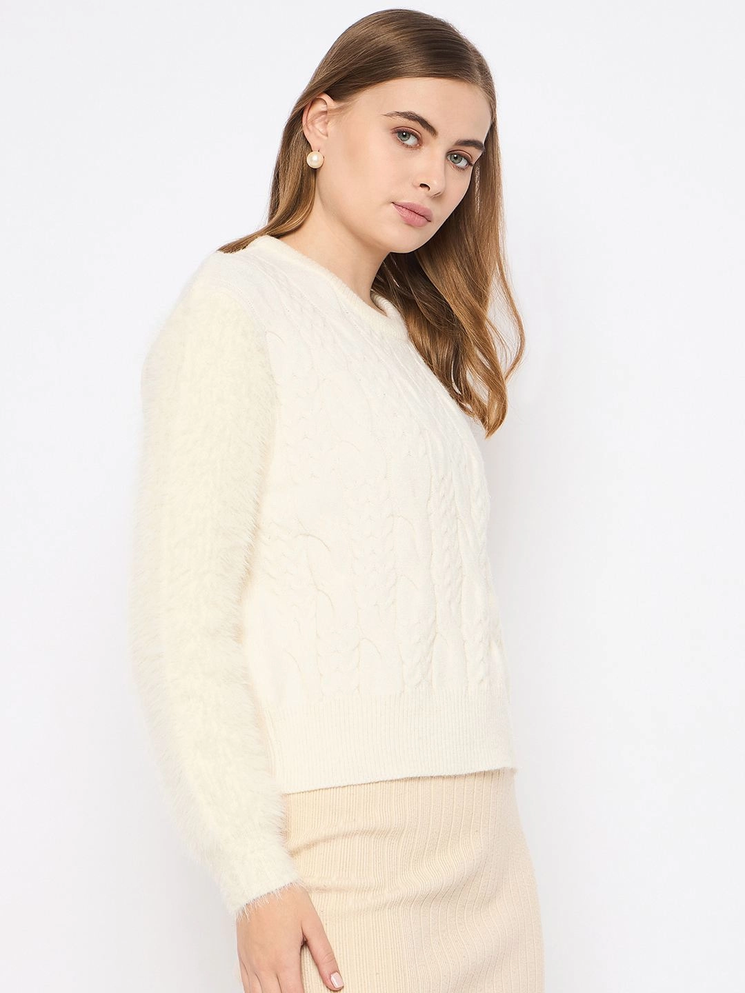 Madame Cable Knit Full Sleeve Off White Sweater Durable Stitching Stretchy Fit