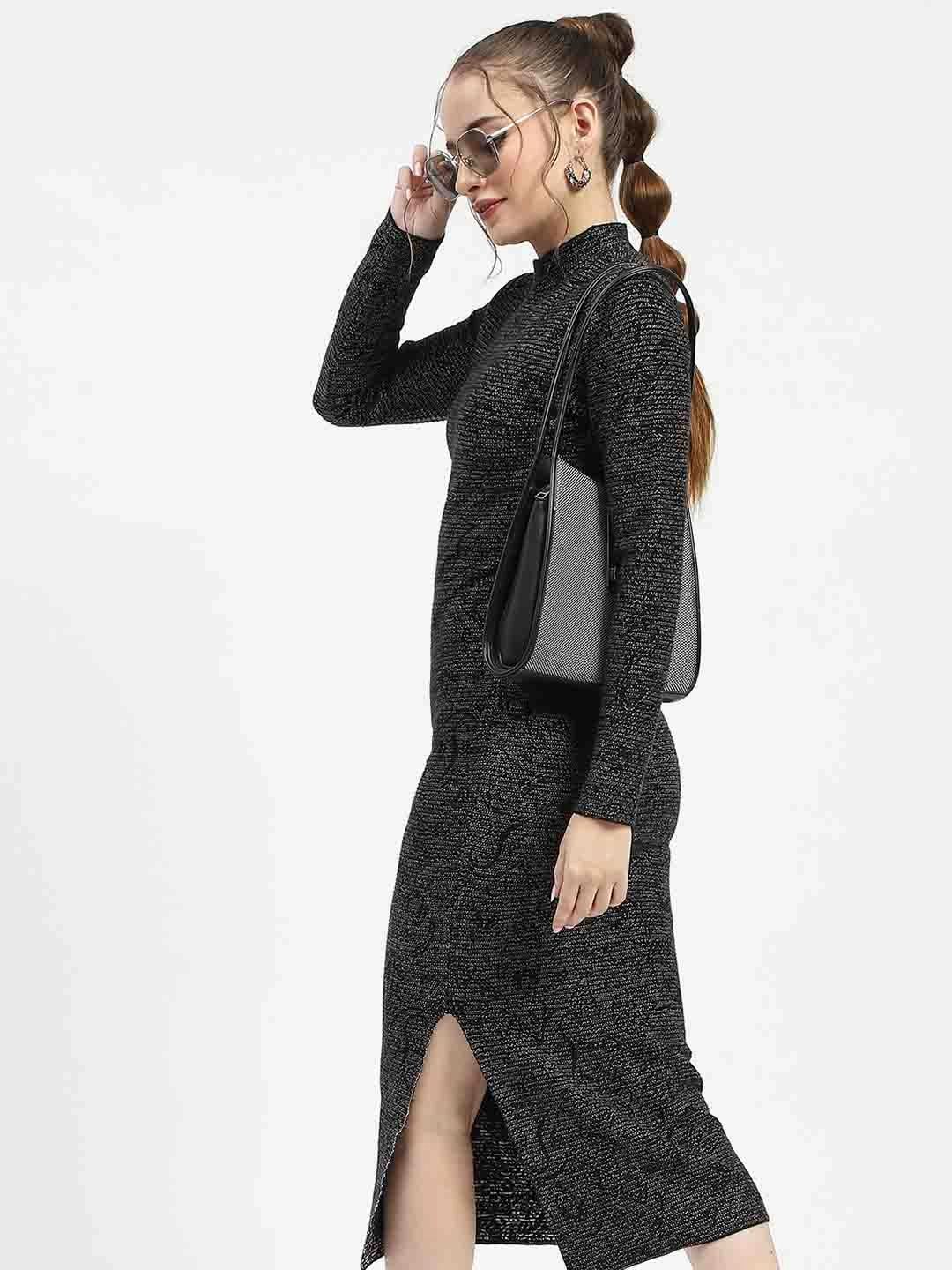 Functional Fashion Madame Black Textured Bodycon Dress with Long Sleeves Sweater