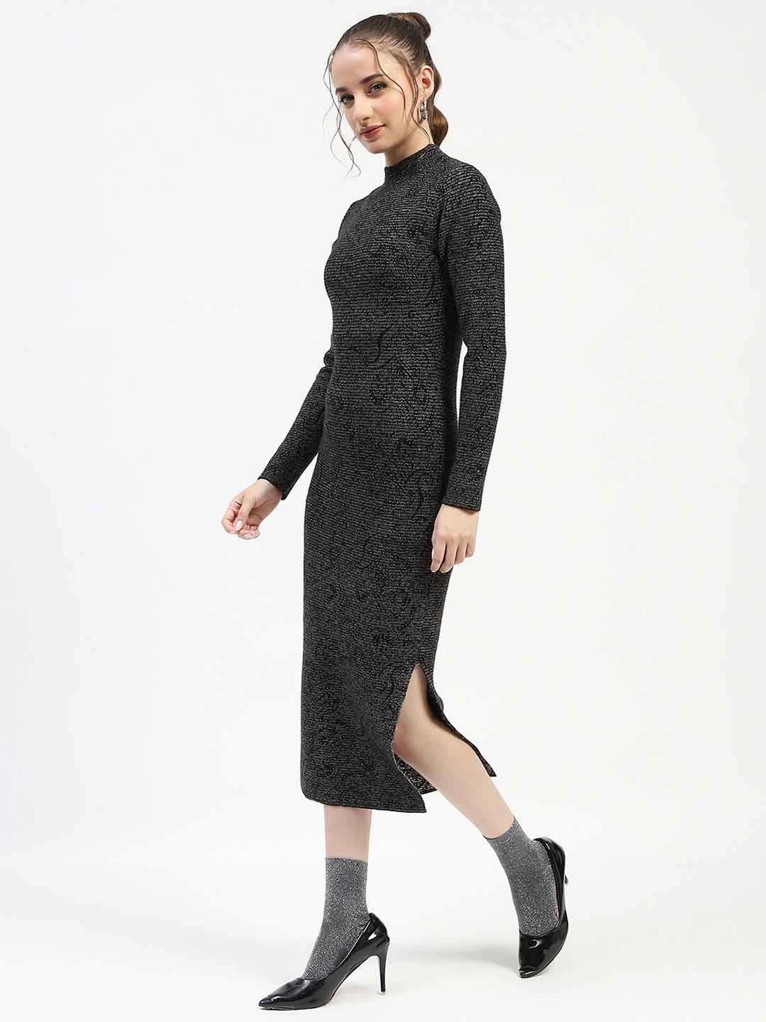 Madame Black Textured Bodycon Dress with Long Sleeves Sweater Versatile knitwear