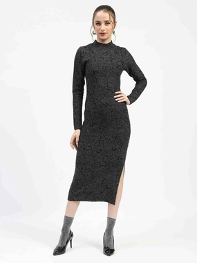 Madame Black Textured Bodycon Dress with Long Sleeves Sweater Cashmere Blend