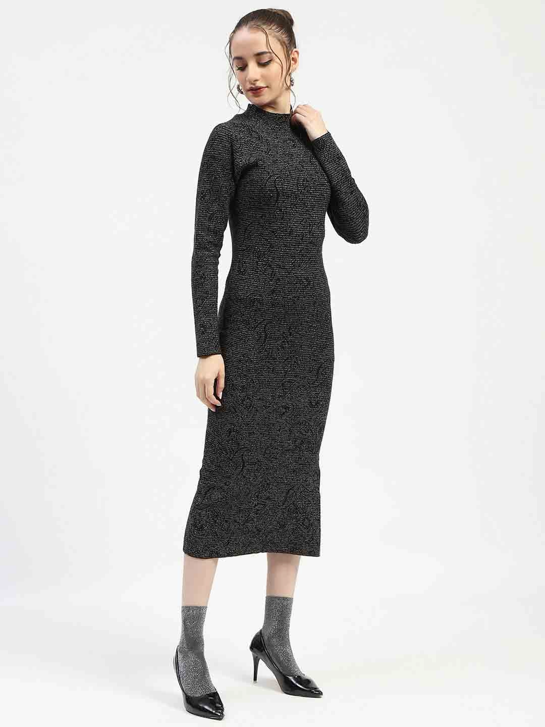 Breathable fabric Madame Black Textured Bodycon Dress with Long Sleeves Sweater