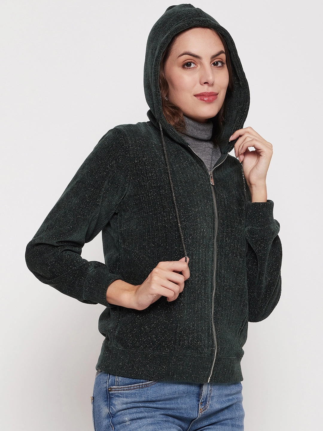 Chic Comfort product tropical vibrancy Madame Shimmer Bottle Green Hooded Sweatshirt