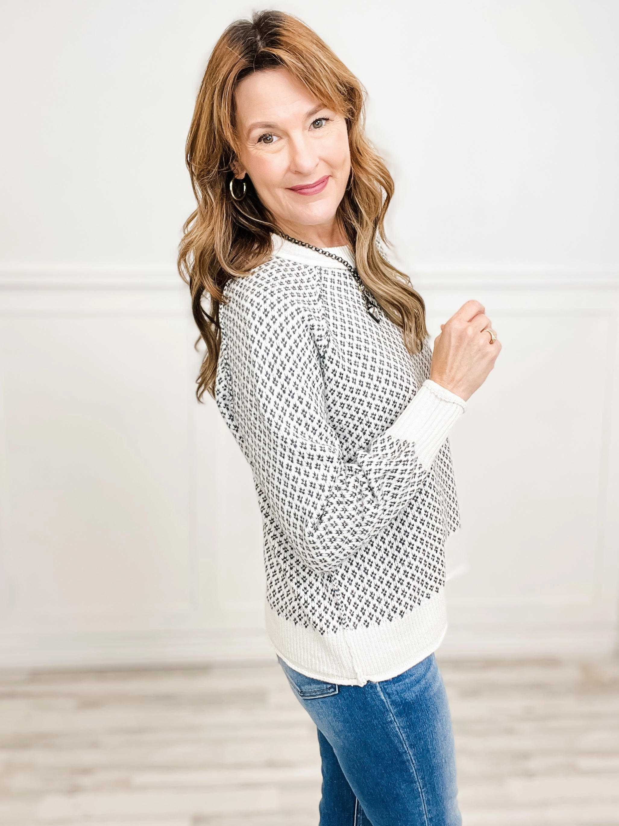 Texture Detail Crew Neck Raglan Sleeve Sweater in Charcoal Ultimate Comfort Anti Static Finish