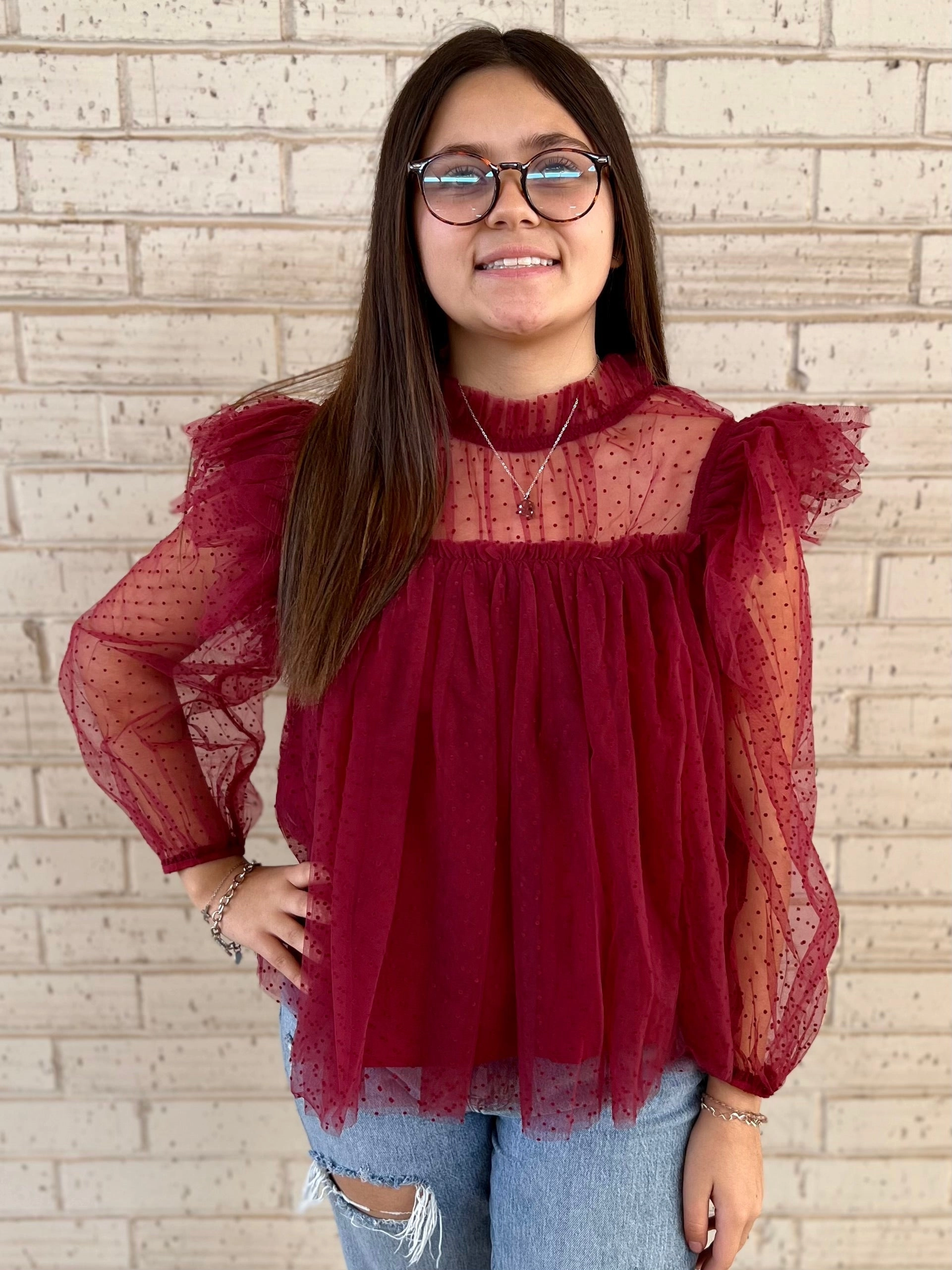 Lightweight Fabric Sweat Absorbent Inner Layer Cranberry Flare Blouse*