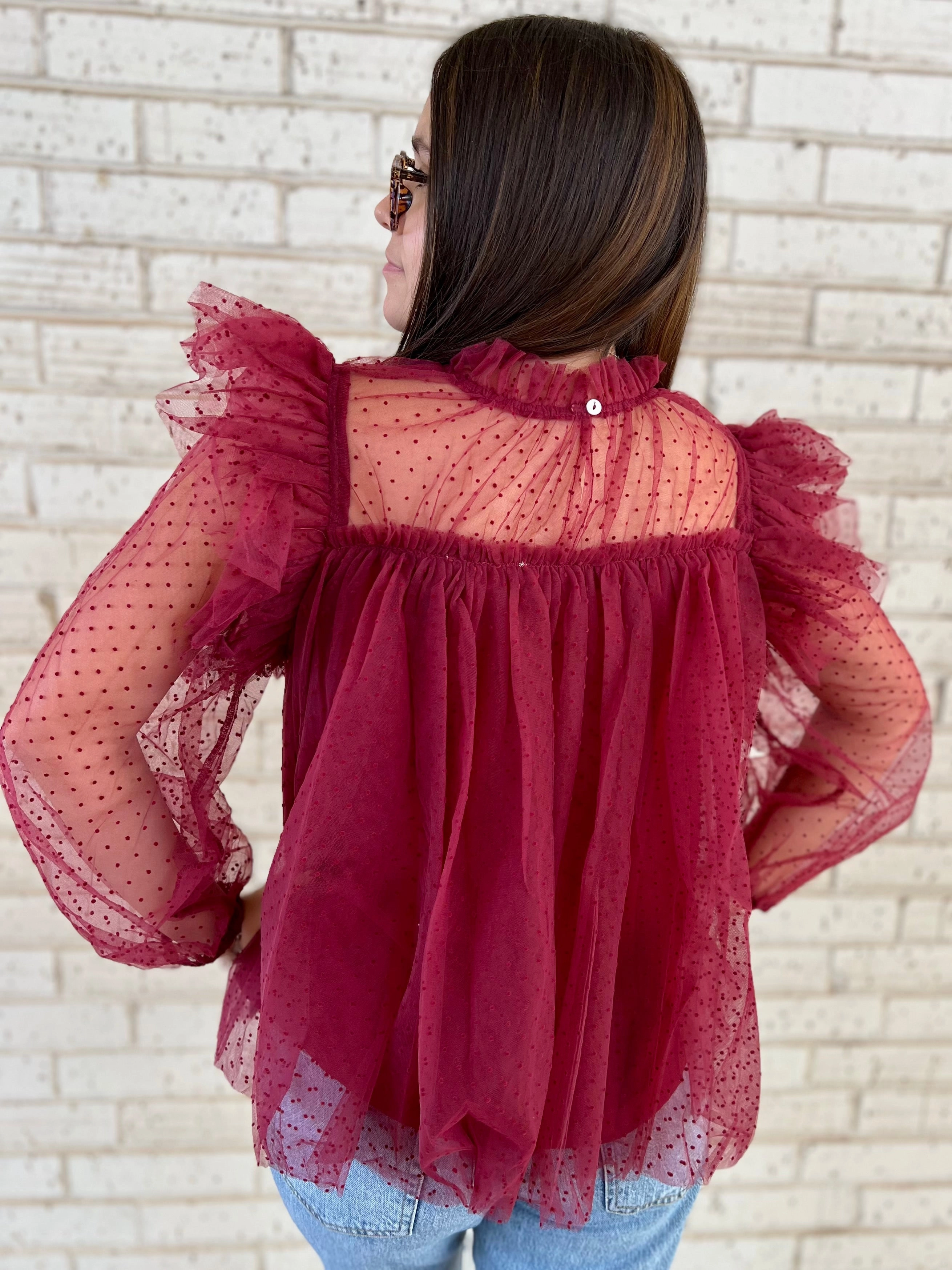 Ribbed Neckline AbrasionResistant Surface Cranberry Flare Blouse*