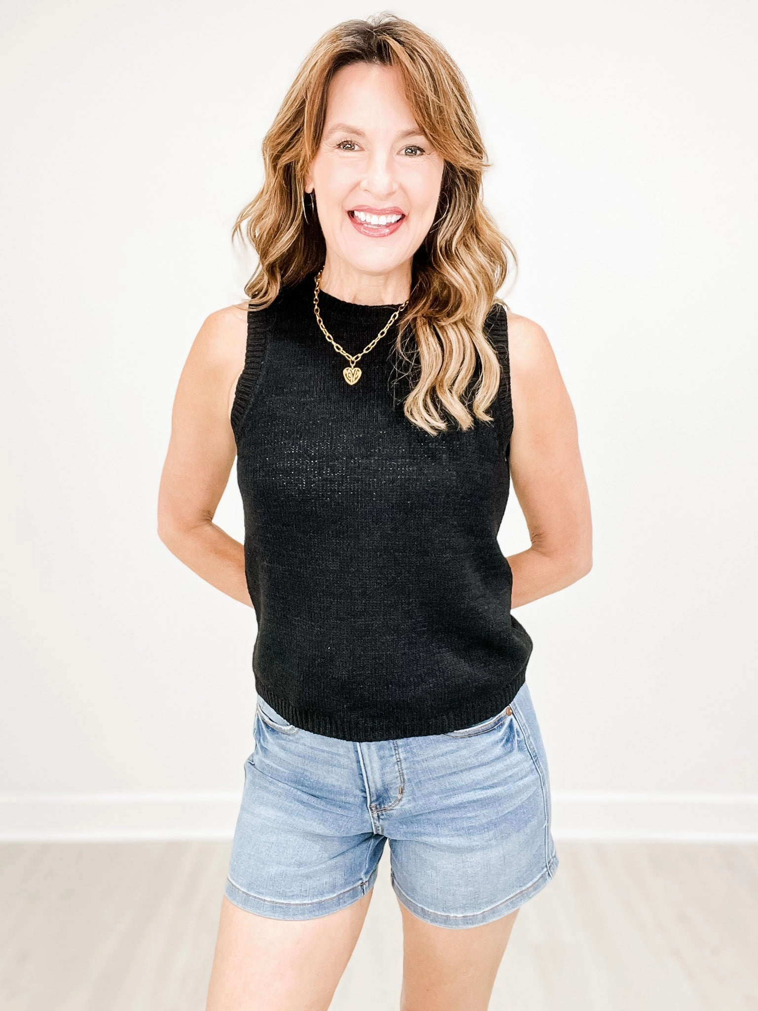 DoubleLayered Collar Crewneck Sleeveless Knit Pullover Sweater