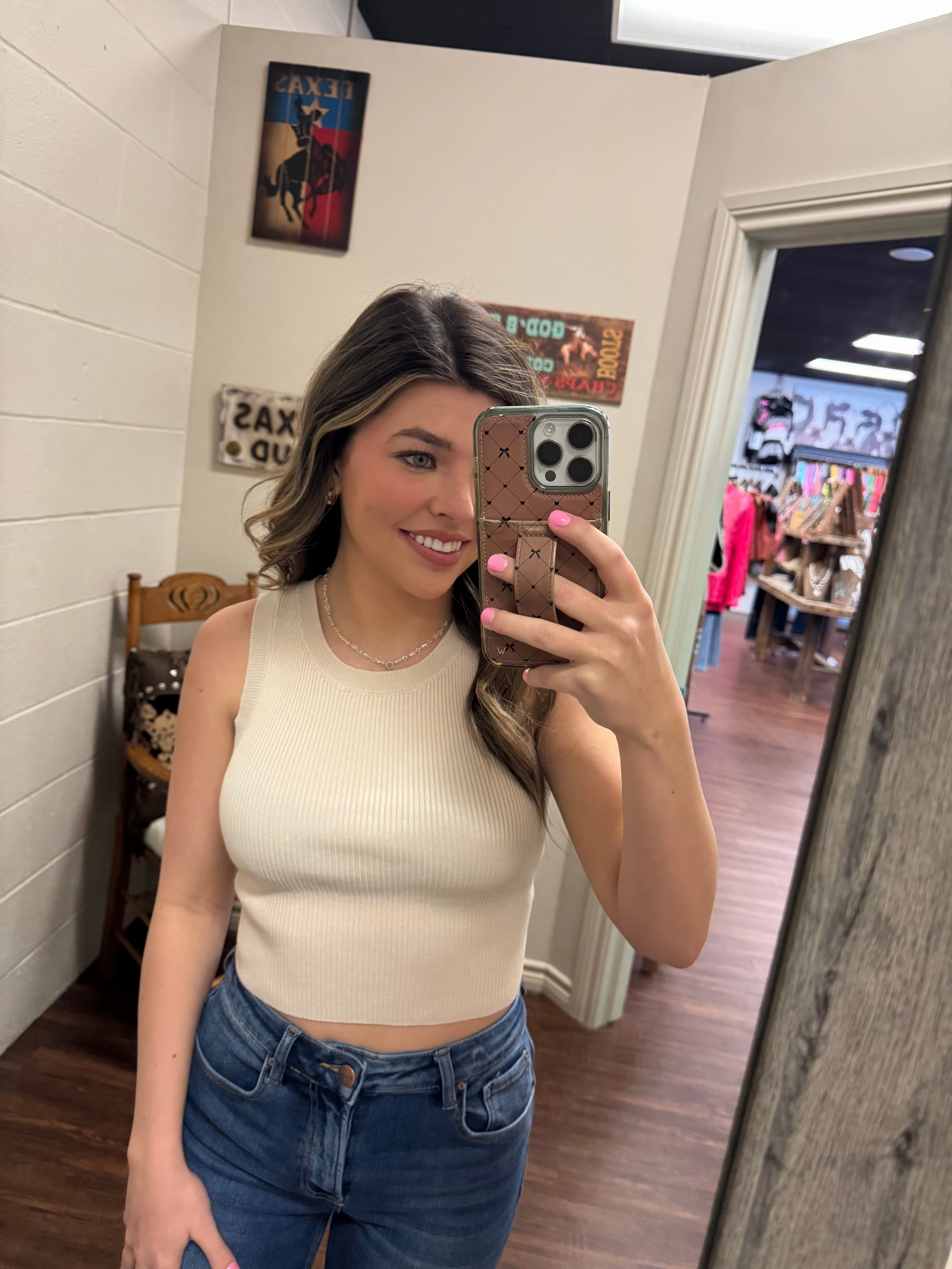 MoistureManagementSystem DoubleStitched Hemming Crewneck Sleeveless Sweater Knit Crop Top- 4 Colors