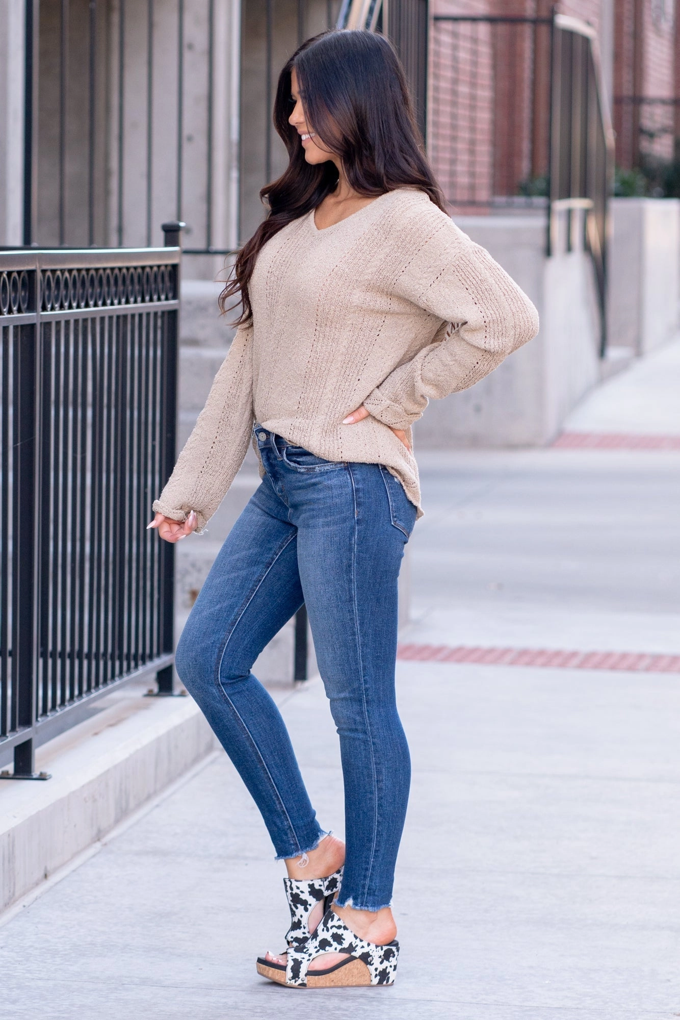 Layer Staple Festival Outfit Comfy Artist Vibe VERVET Glistening Mid Rise Raw Hem Cropped Skinny Jeans Dark Blue Wash Regular & Plus Sizes