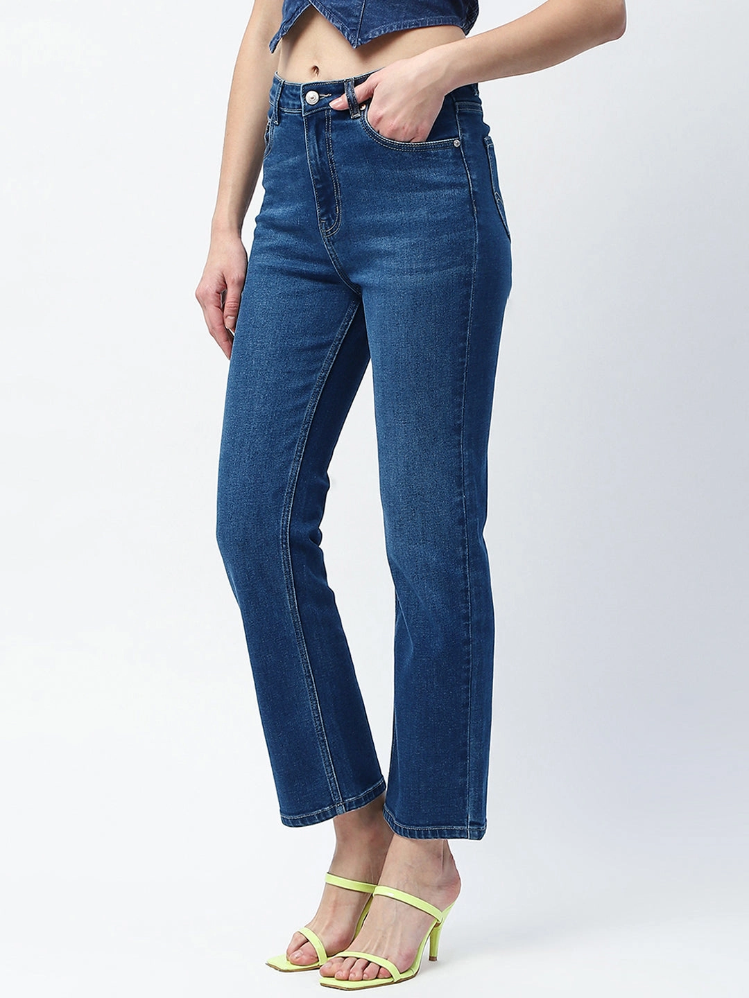 Madame Whiskered Straight Fit Dark Blue Cotton Blend Jeans Holiday Vibes Evening Stroll Picnic Style