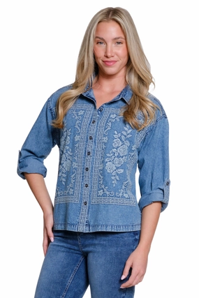 HiddenStoragePocket Cross Stitch Embroidered Shirt - Chambray