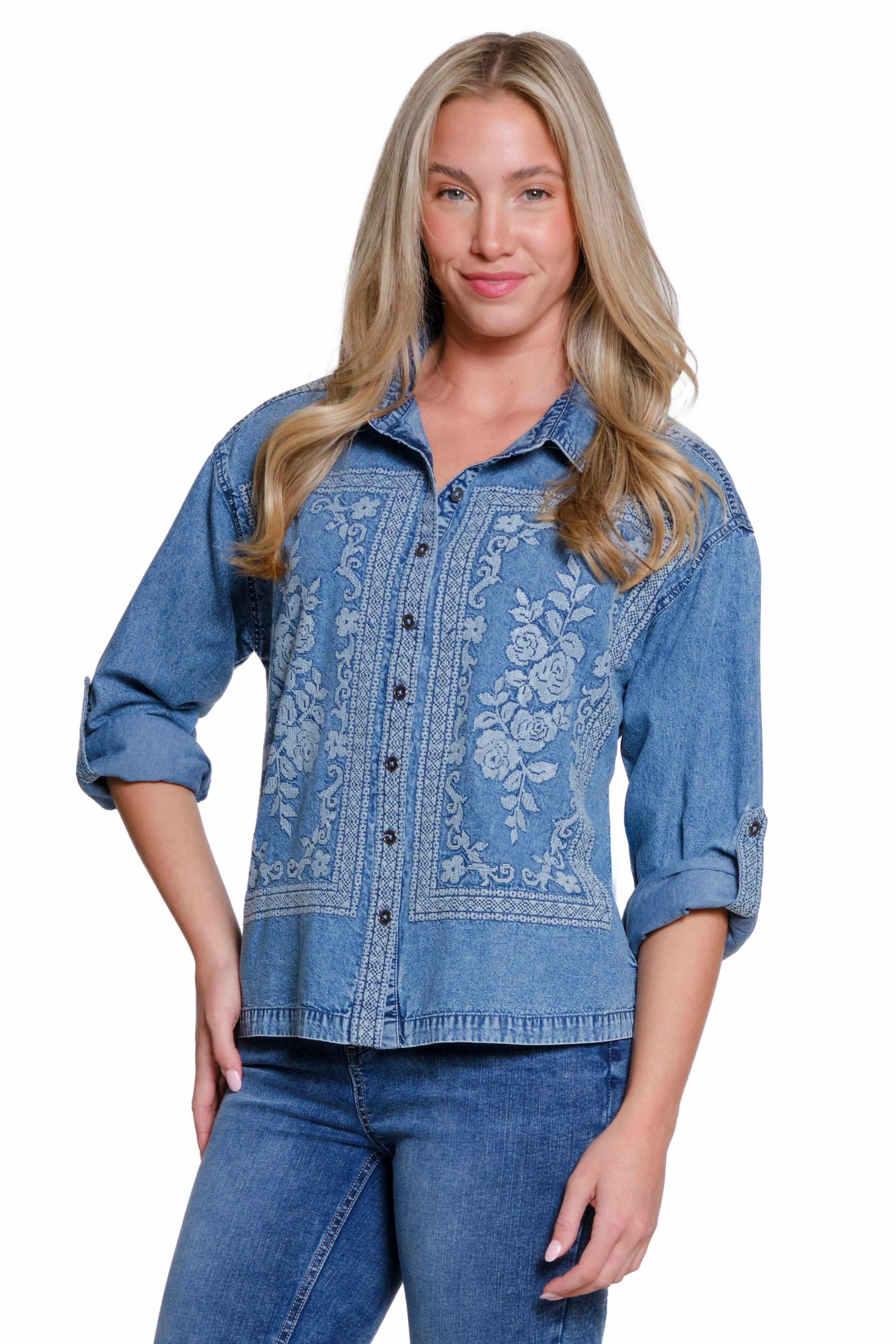 HiddenStoragePocket Cross Stitch Embroidered Shirt - Chambray
