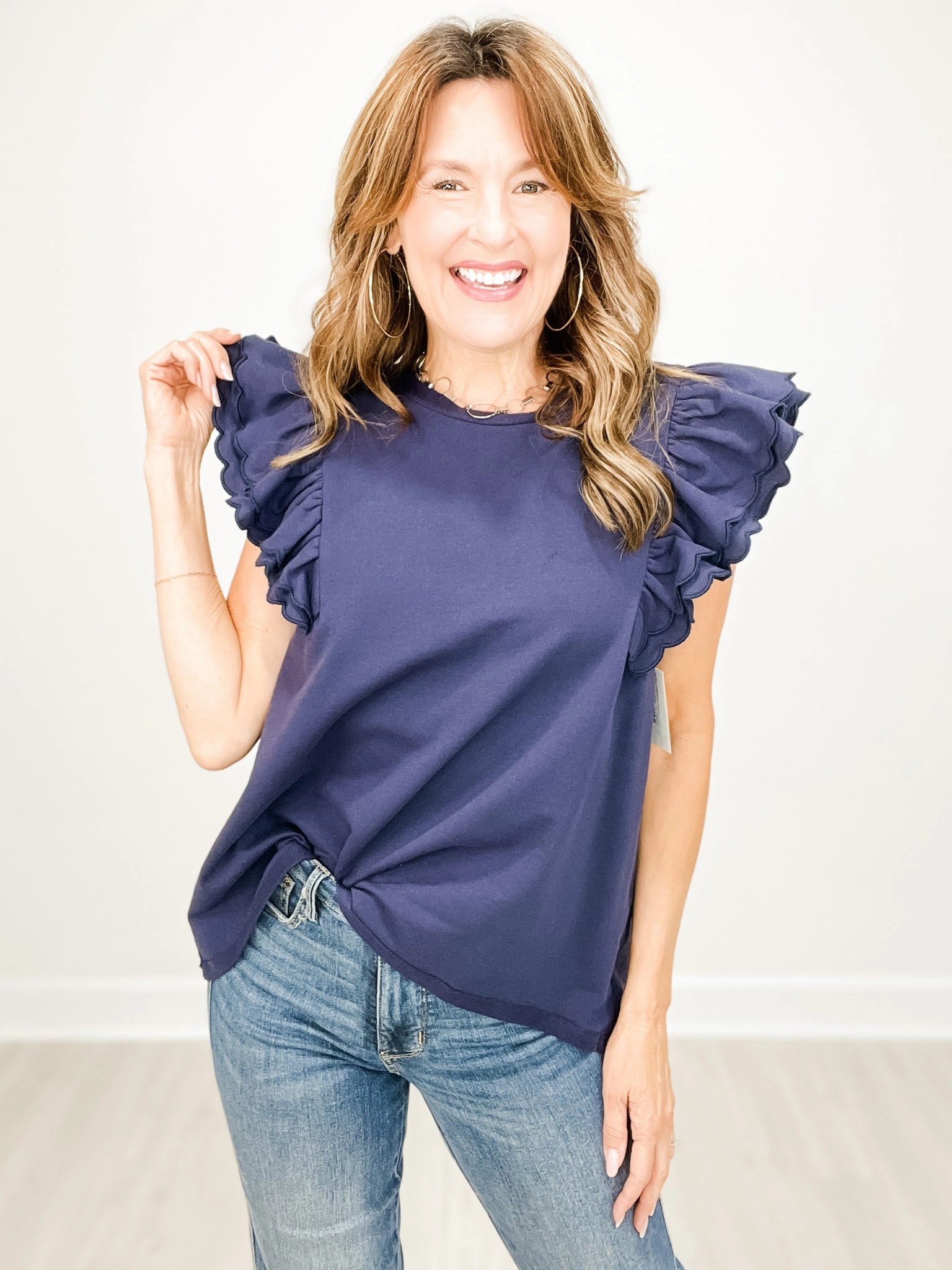 Ruffled Scalloped Sleeves French Terry Top Stylish T-shirt BondedEdges