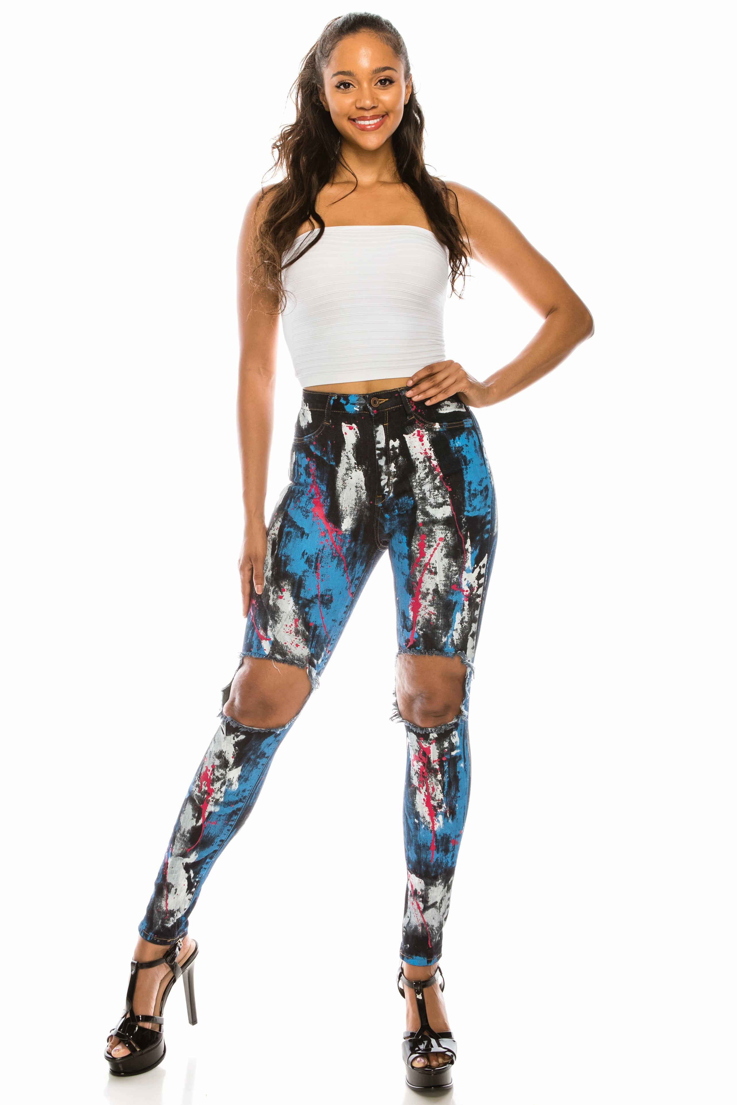 Picnic Style Textured Artist Vibe Durable 4574 Women's High Waisted Paint Splashed Distressed Skinny Jeans