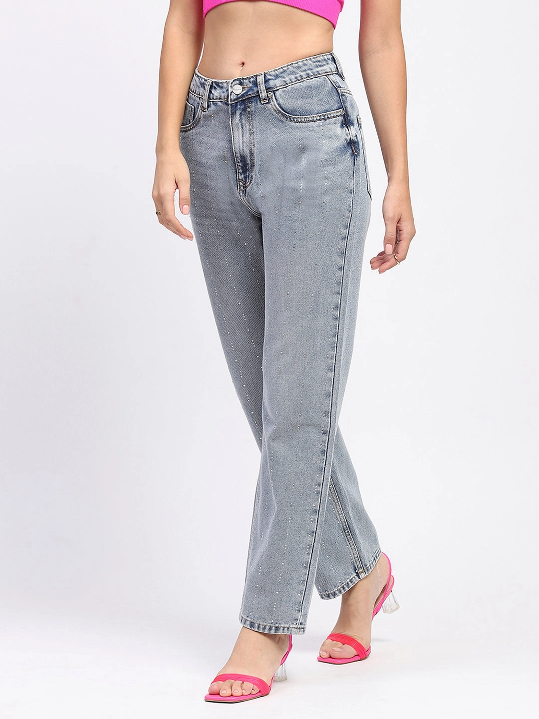 Daily Musthave Sunny Vibes Vibrant Relaxed Style Madame Light Wash Embellished Light Blue Cotton Denim