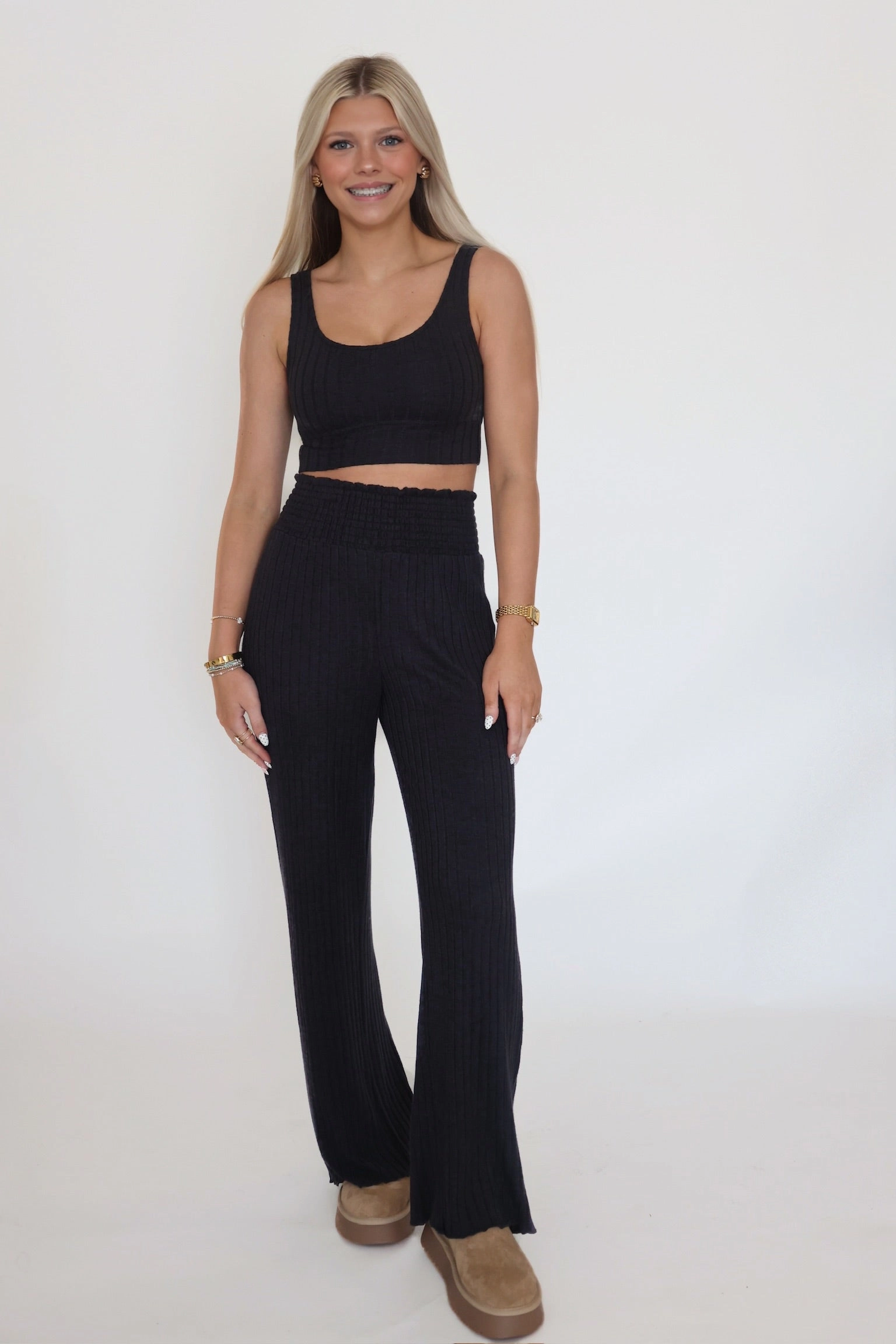 Dawn Smocked Rib Pant - Black Sand Ready For Action