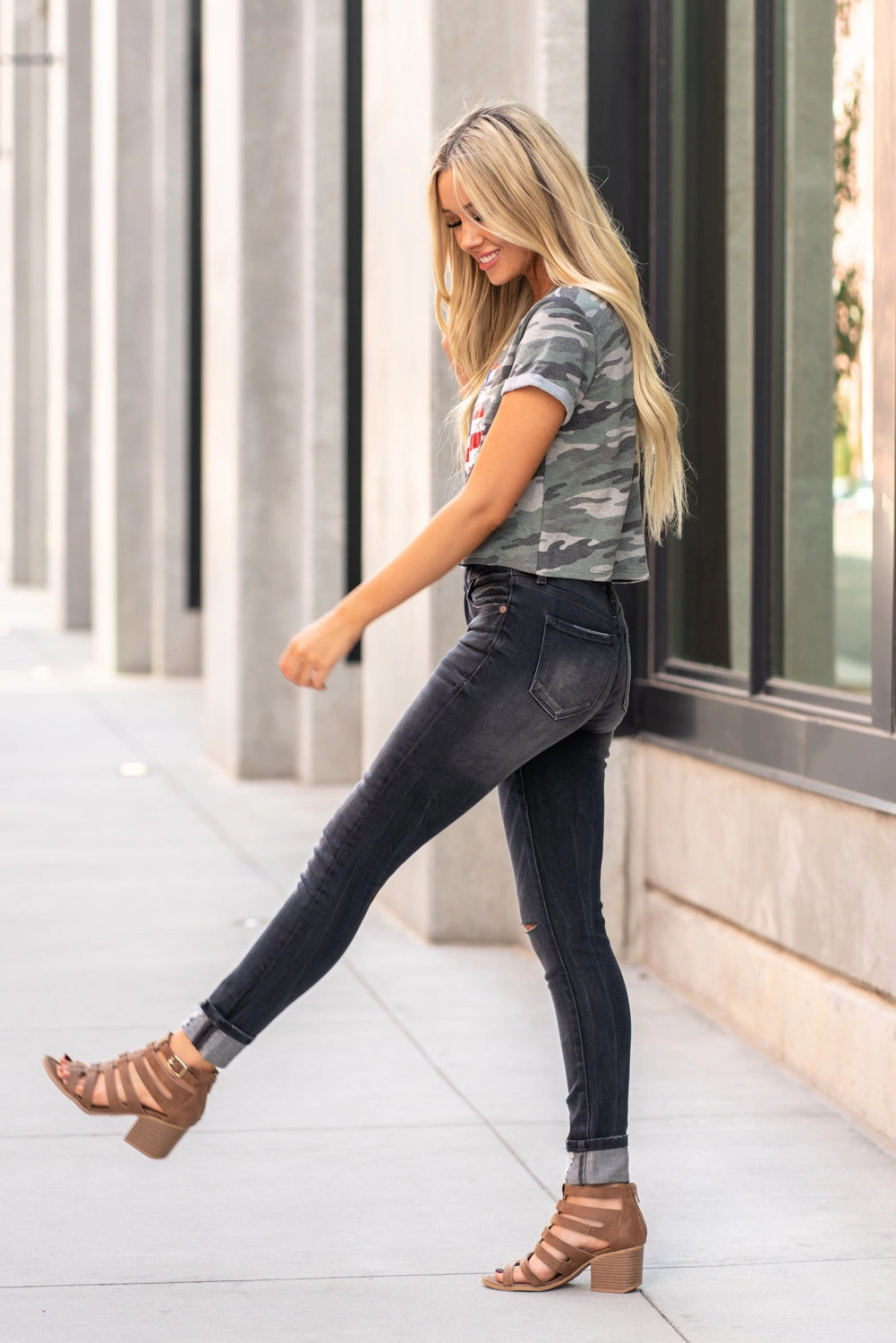 Mid Rise Distressed Skinny Picnic Style Textured