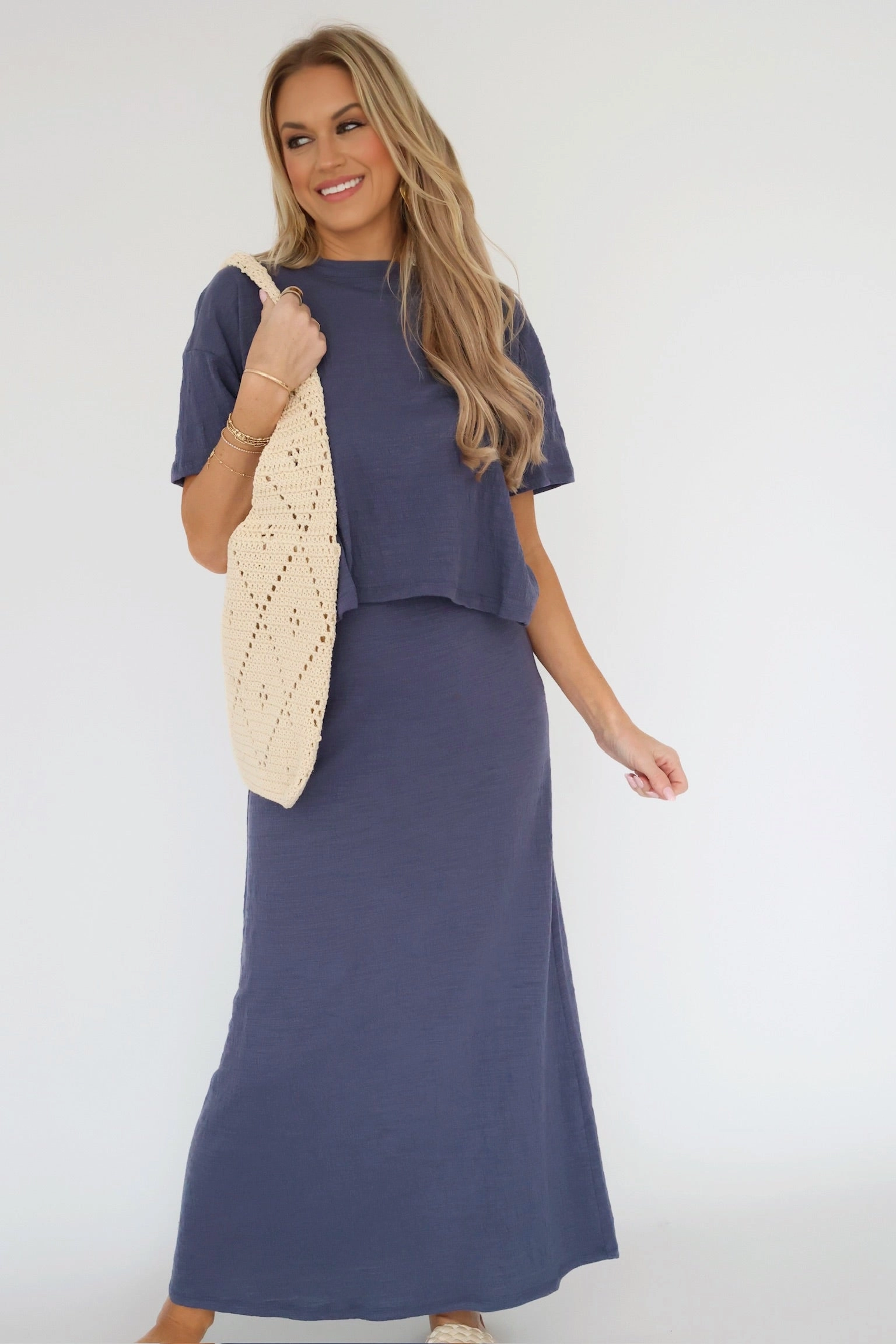 Odor control Delavine Textured Midi Skirt - Worn Blue-(FINAL SALE)