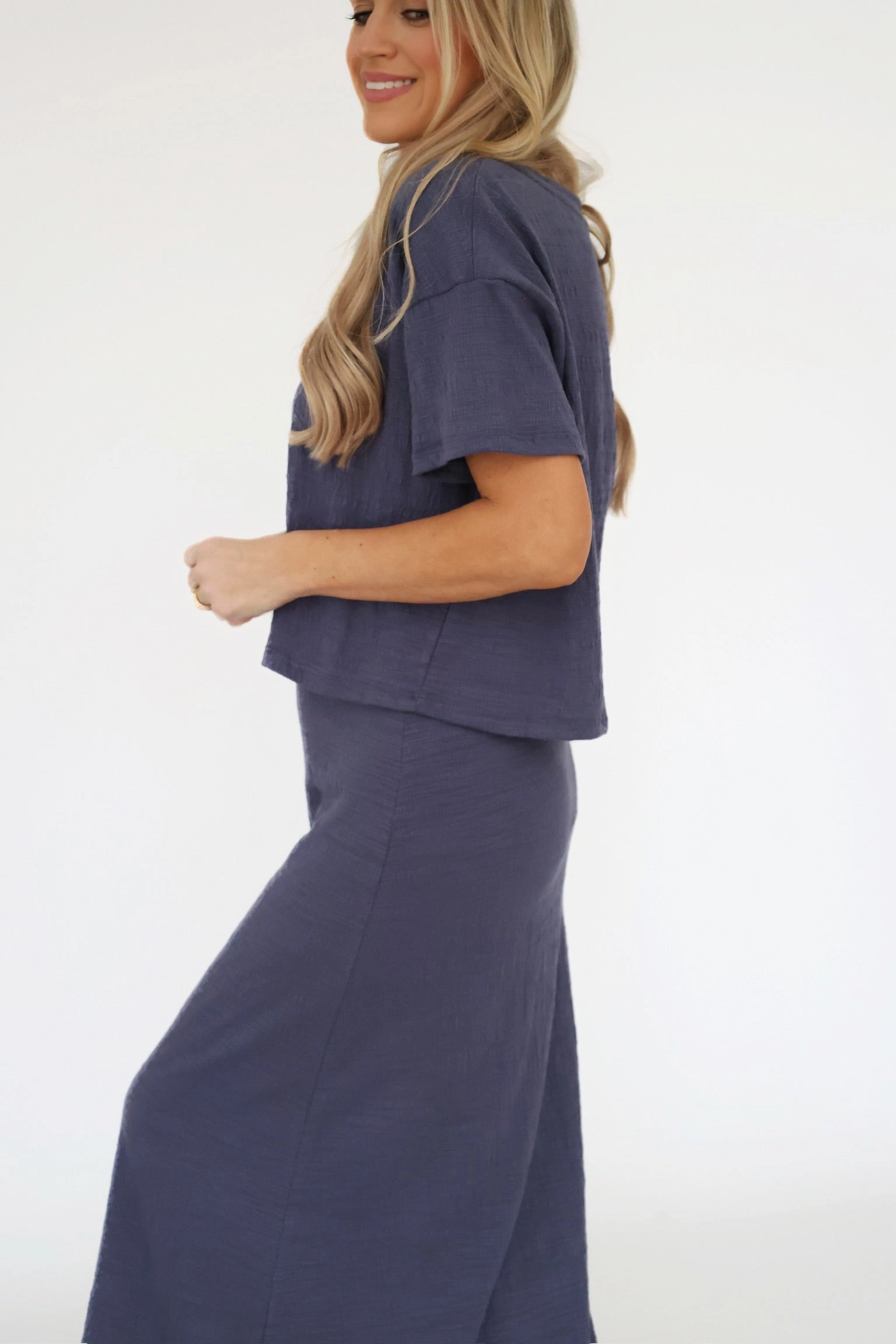 Delavine Textured Midi Skirt - Worn Blue-(FINAL SALE) garden party Monochrome Outfit