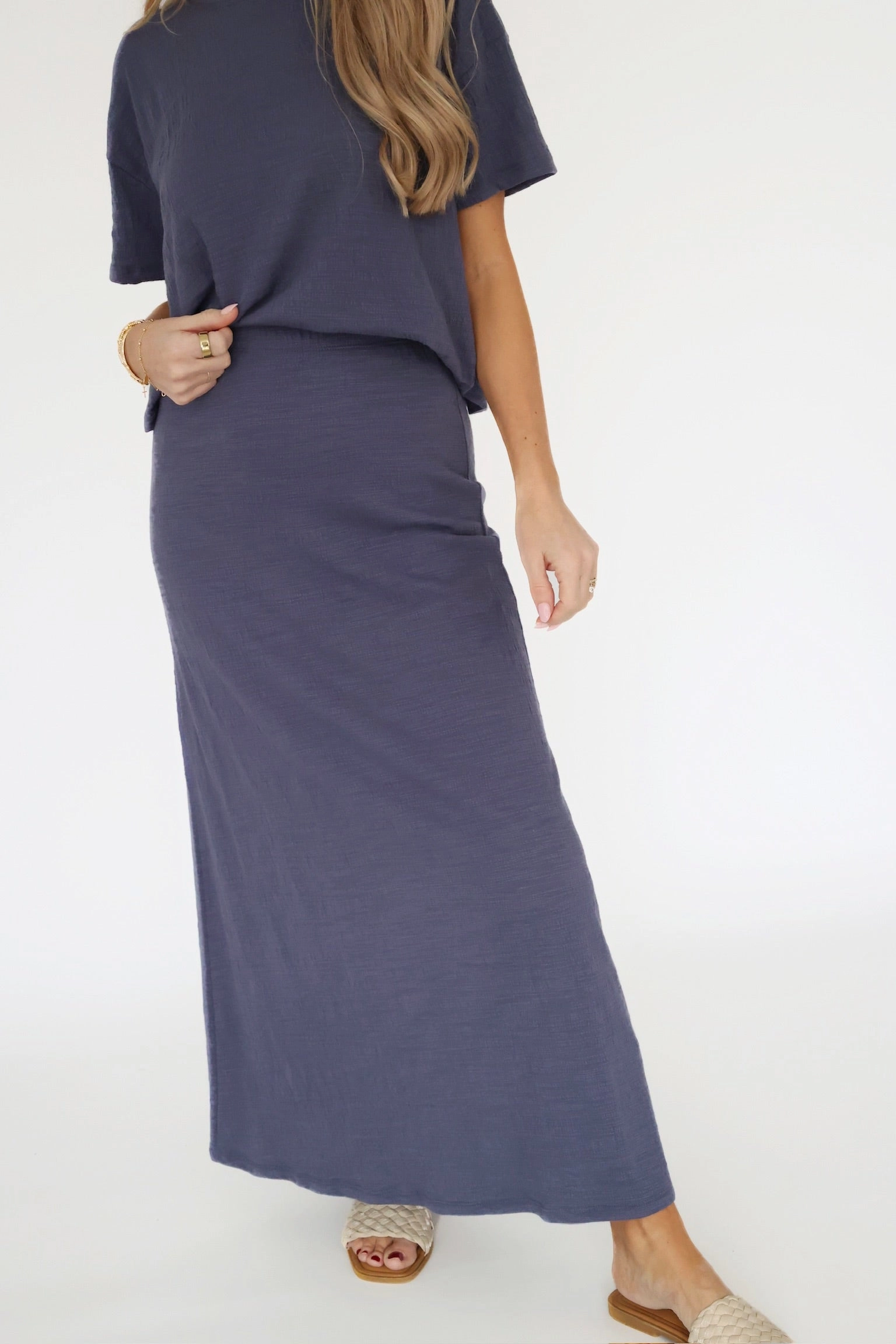 Delavine Textured Midi Skirt - Worn Blue-(FINAL SALE) Light Fabric