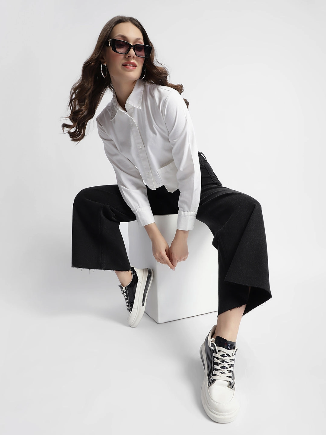 Sleek Fit Madame White Front Flap Pocket Crop Shirt