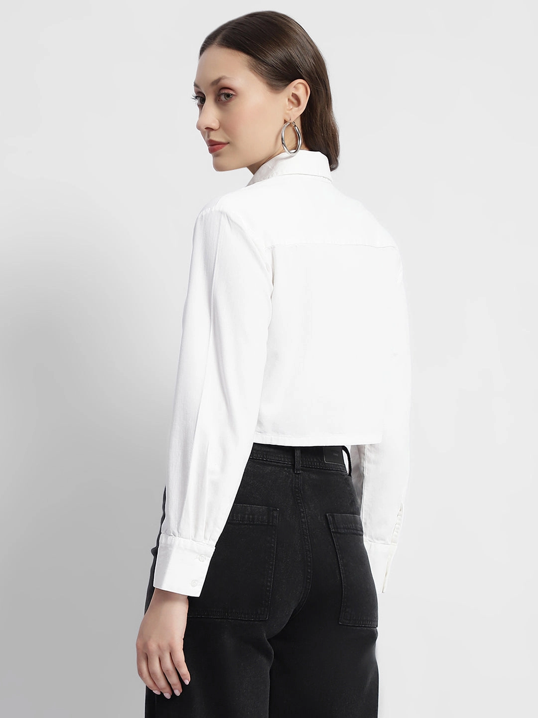Madame White Front Flap Pocket Crop Shirt Tear Resistant Reinforcement Durable Stitching