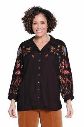 Layered Look NonIrritating Stitching Dolman Sleeve Embroidered Top - Black