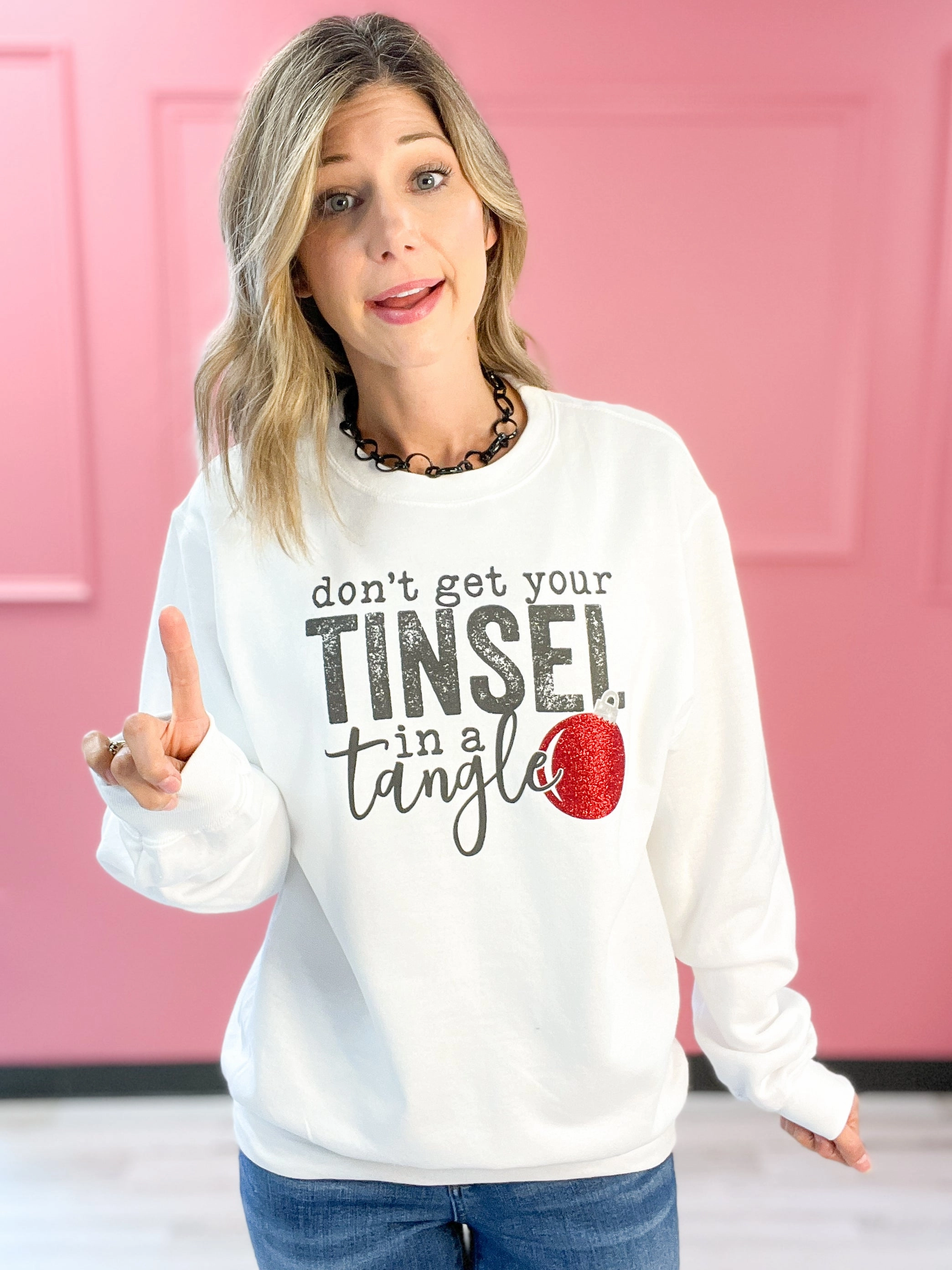 Don't Get Your Tinsel In A Tangle Glitter Sweatshirt Top Tagless Neckline Design AntiPillingSurface