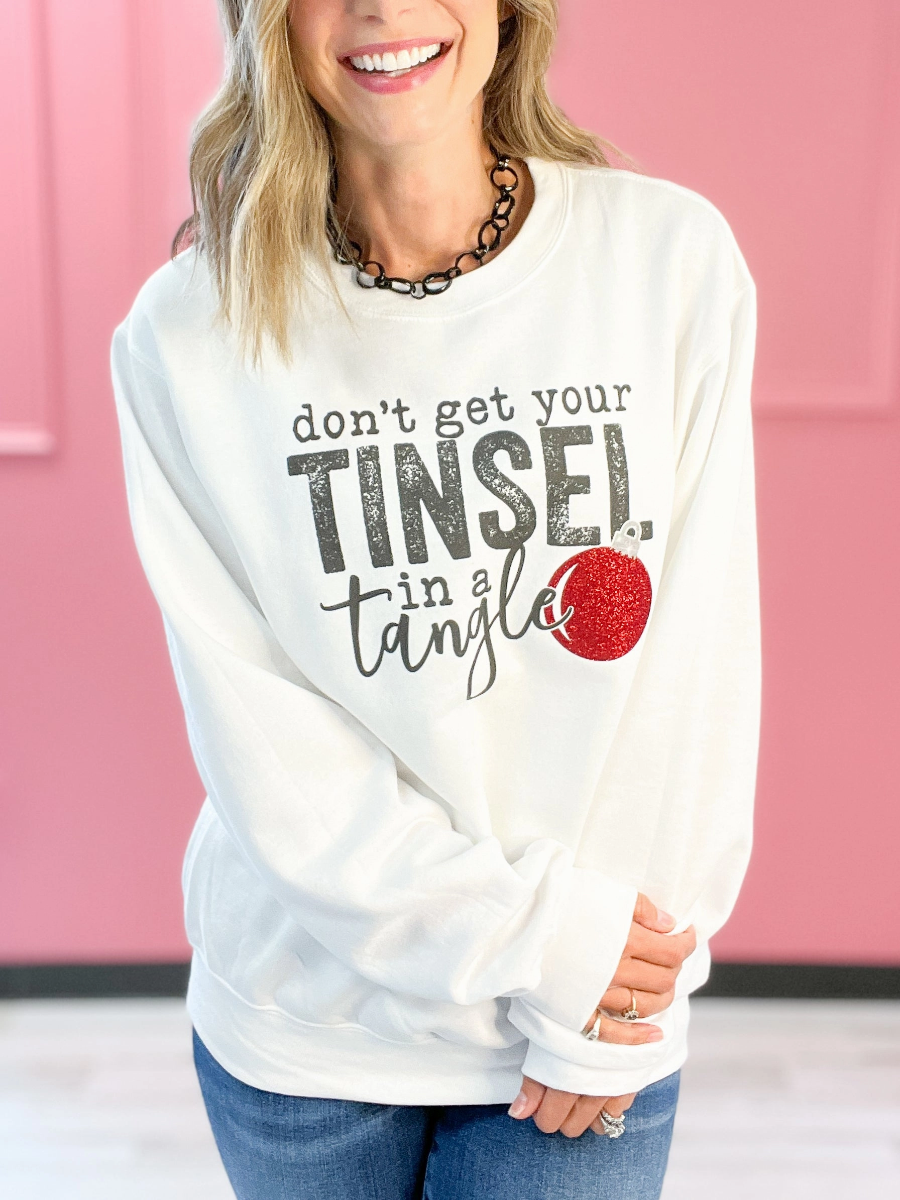Adjustable drawstring Stretchable Knit Don't Get Your Tinsel In A Tangle Glitter Sweatshirt Top