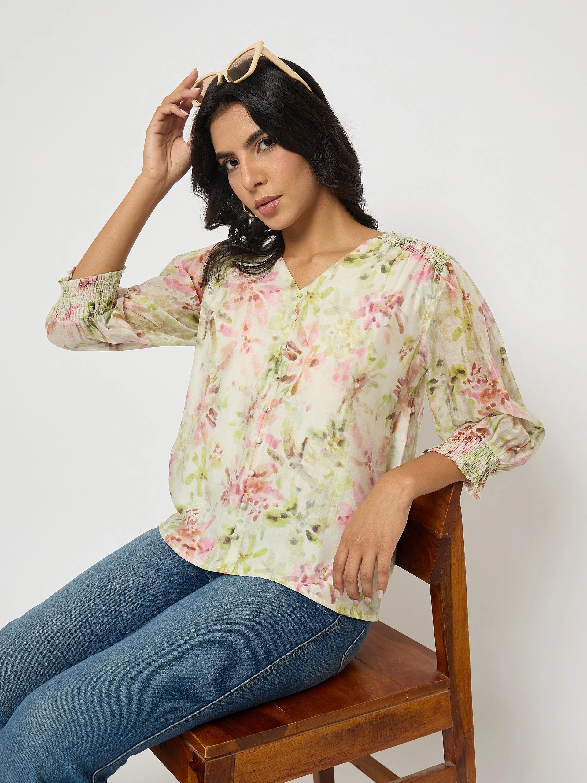 Layered Panel Construction Stretch Weave Construction Madame Floral Print Ruffle Detail Cotton Green Peplum Top