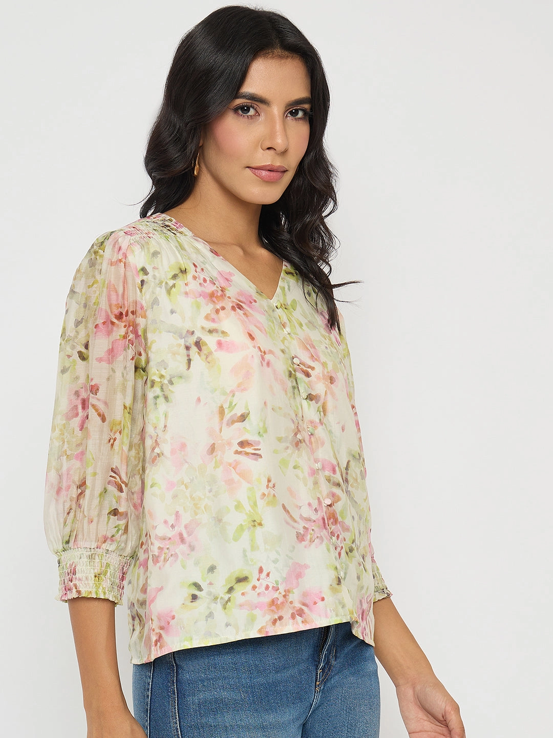 FadeResistant Drop Shoulder Madame Floral Print Ruffle Detail Cotton Green Peplum Top