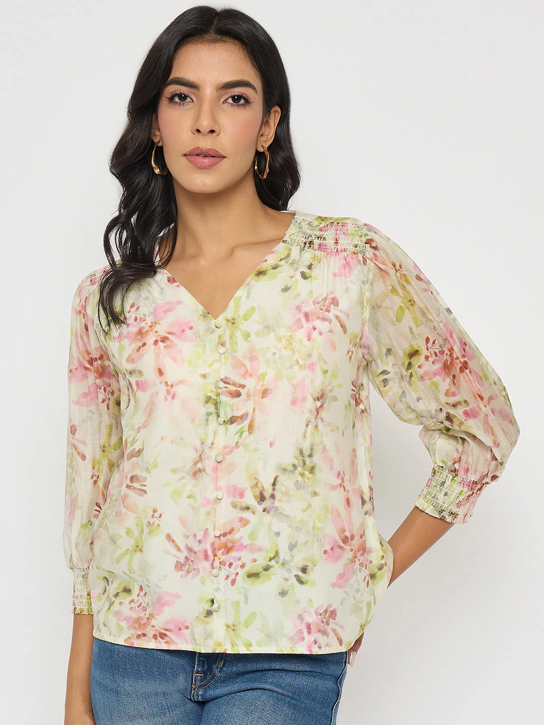 Madame Floral Print Ruffle Detail Cotton Green Peplum Top Flexible Hemline DurableBlend