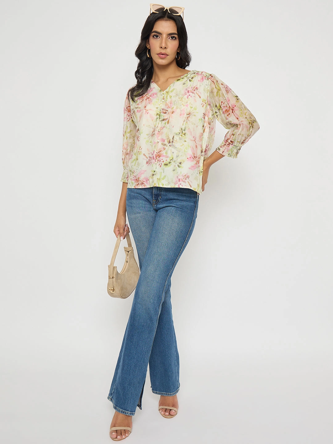 Madame Floral Print Ruffle Detail Cotton Green Peplum Top AdjustableHem