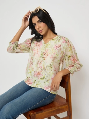 Layered Panel Construction Stretch Weave Construction Madame Floral Print Ruffle Detail Cotton Green Peplum Top