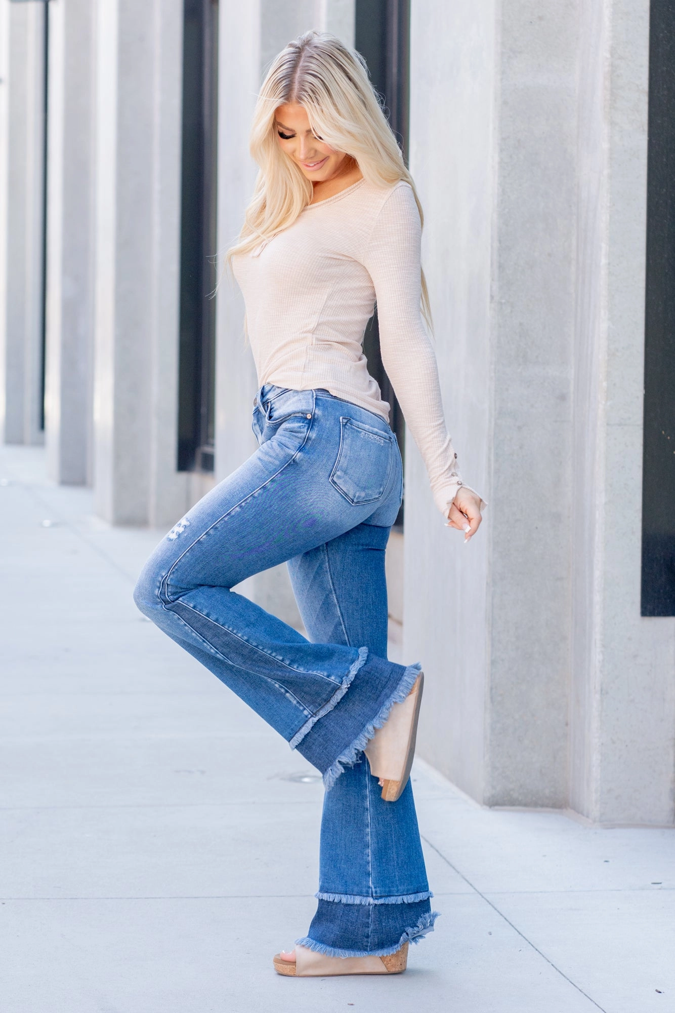 Double Frayed Hem High Rise Flare Ready to Wear