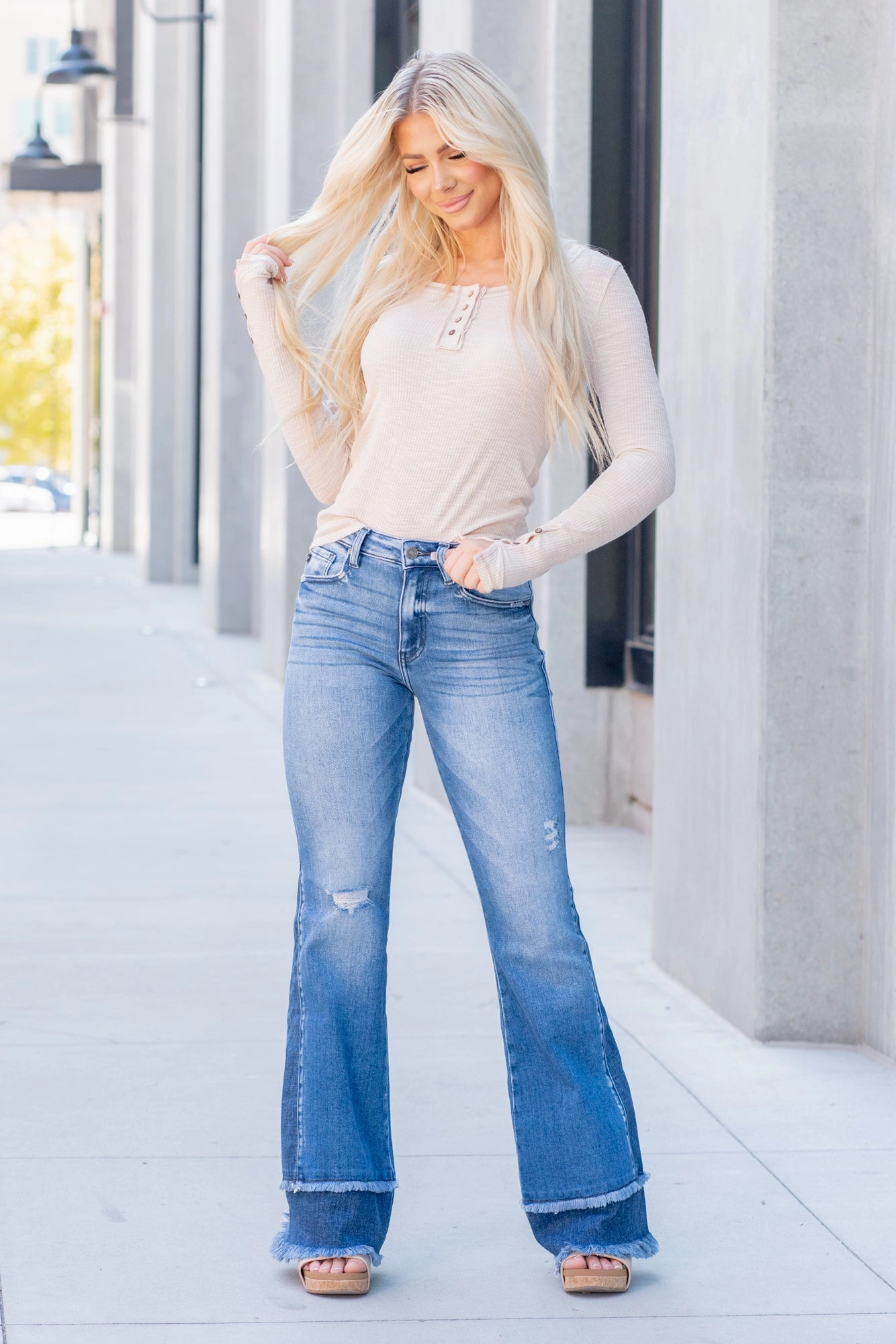 Double Frayed Hem High Rise Flare Formal Classic Wear Loose