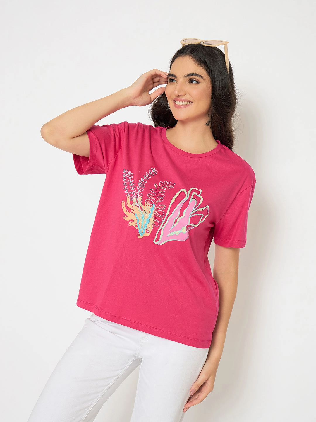 Madame Embroidered Hot Pink Cotton T-shirt Reinforced Seams