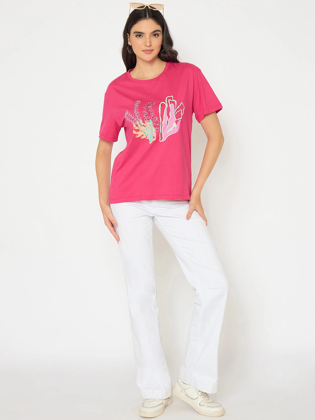 Basic Dress Madame Embroidered Hot Pink Cotton T-shirt